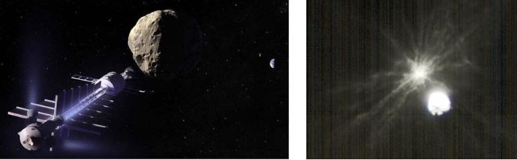 Duas faces da defesa planetária: raio trator gravitacional, ainda ficção (à esquerda), e impacto cinético (à direita), uma realidade - Créditos: NASA/DART