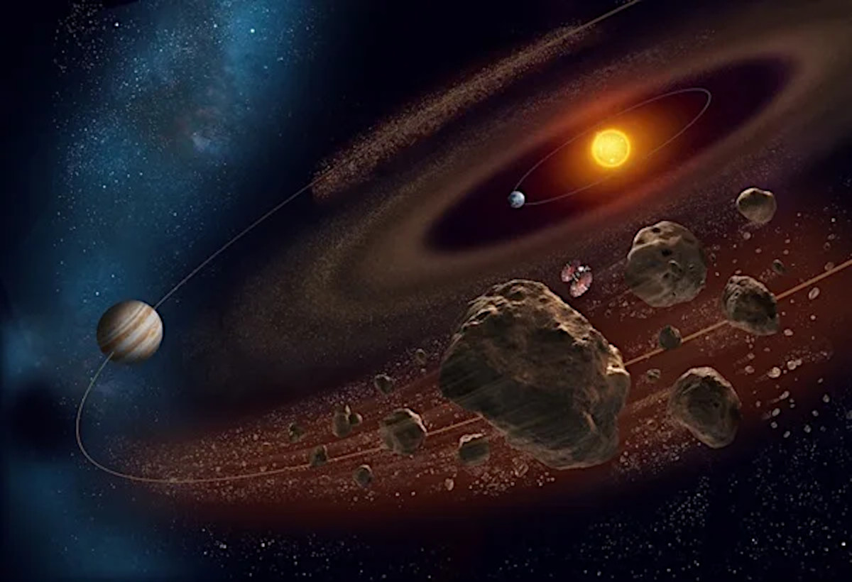 Impressão artística mostrando a sonda Lucy, da NASA, investigando os asteroides troianos de Júpiter - Créditos: Roen Kelly