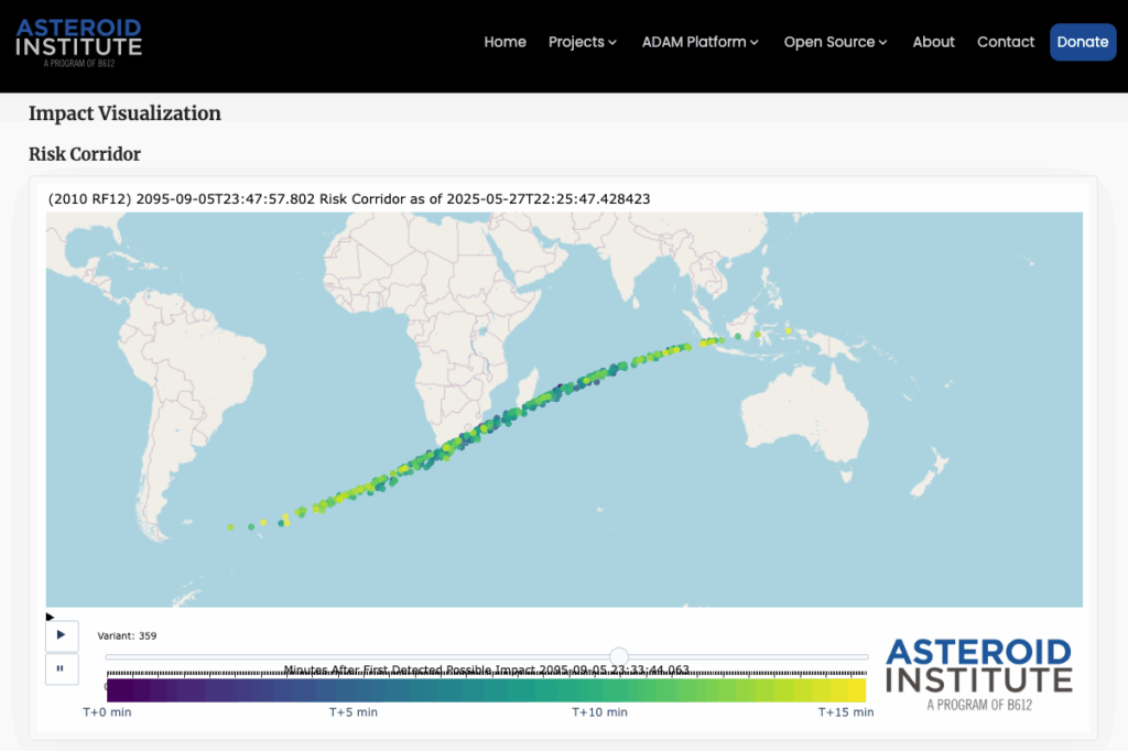 Corredor de Risco do Asteroide 2010 RF12 com impacto potencial em 6 setembro de 2095 - Reprodução: ADAM:: Impact Probability tool